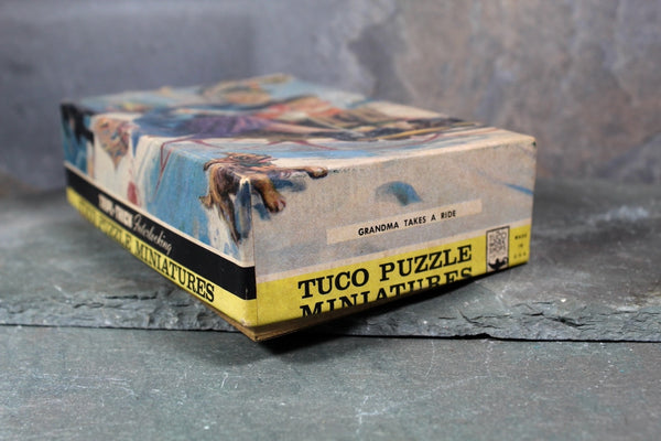 Vintage Tripl-Thick Interlocking Tuco Puzzle Miniature | Sledding Granny | 30 Piece Thick Cardboard Puzzle | 7"x5 1/4" | Bixley Shop