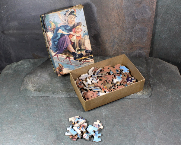 Vintage Tripl-Thick Interlocking Tuco Puzzle Miniature | Sledding Granny | 30 Piece Thick Cardboard Puzzle | 7"x5 1/4" | Bixley Shop