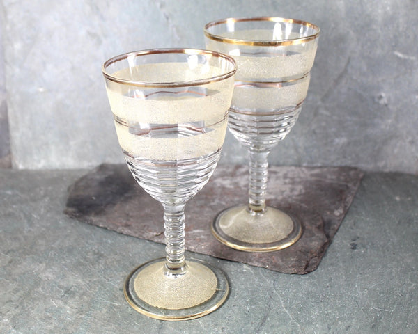 Mid-Century Wine Glasses | Frosted Textured Stripes with Gold Accents | Fabulous Barware | Set of 2 Wine Glasses | Bixley Shop
