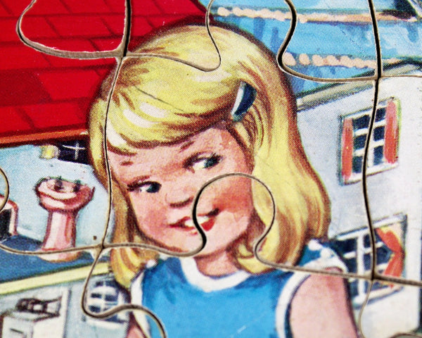 1950s Wooden Kid's Puzzle | 20 Piece Wooden Puzzle | Girl with Dollhouse and Kitten | Interlocking Puzzle | Bixley Shop