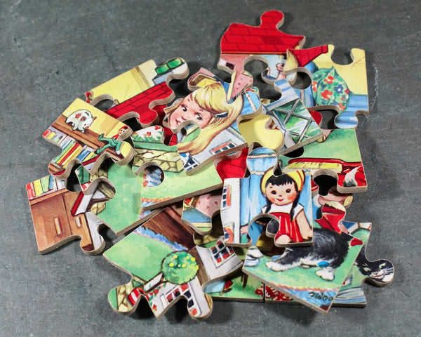 1950s Wooden Kid's Puzzle | 20 Piece Wooden Puzzle | Girl with Dollhouse and Kitten | Interlocking Puzzle | Bixley Shop
