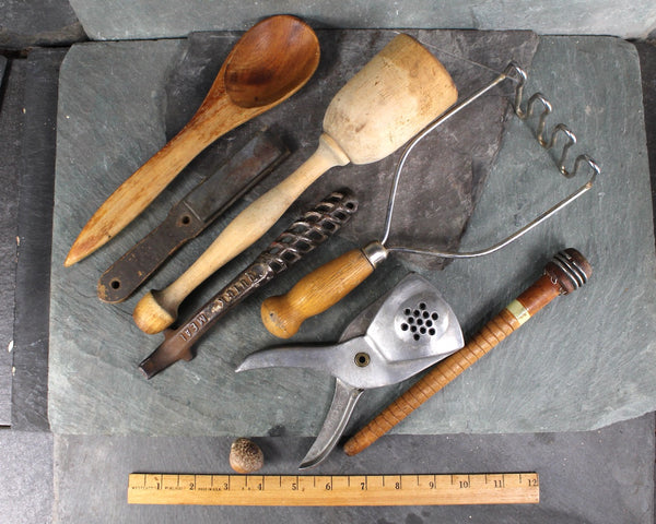 Set of 7 Antique Kitchen Tools | Wooden Masher, Garlic Press, Bottle Opener, File, Wooden Spoon, Metal Masher, Spindle | Vintage Kitchen