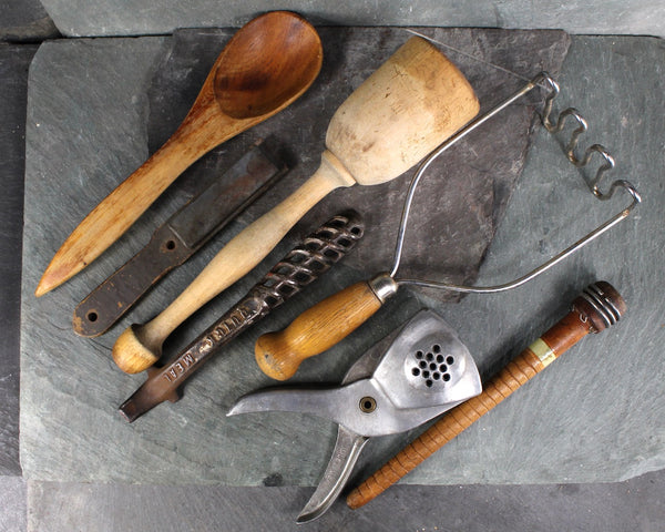Set of 7 Antique Kitchen Tools | Wooden Masher, Garlic Press, Bottle Opener, File, Wooden Spoon, Metal Masher, Spindle | Vintage Kitchen