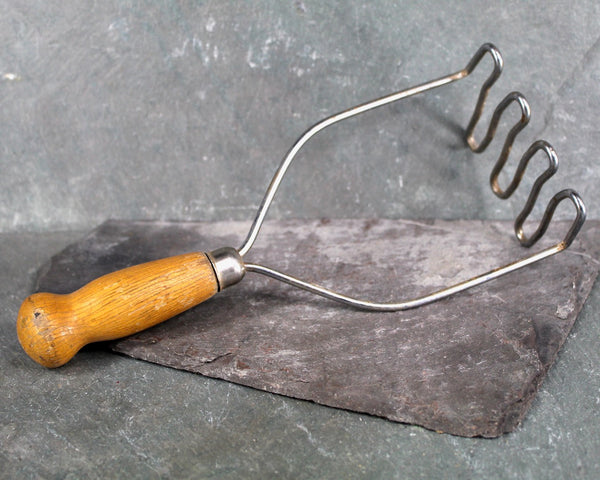 Set of 7 Antique Kitchen Tools | Wooden Masher, Garlic Press, Bottle Opener, File, Wooden Spoon, Metal Masher, Spindle | Vintage Kitchen