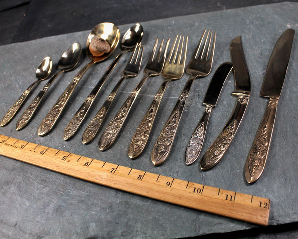 145 Piece Bronze Flatware from Thailand - Twelve 11 Piece Place Settings Plus 14 Serving Items - In Wooden Case with Velvet Lining