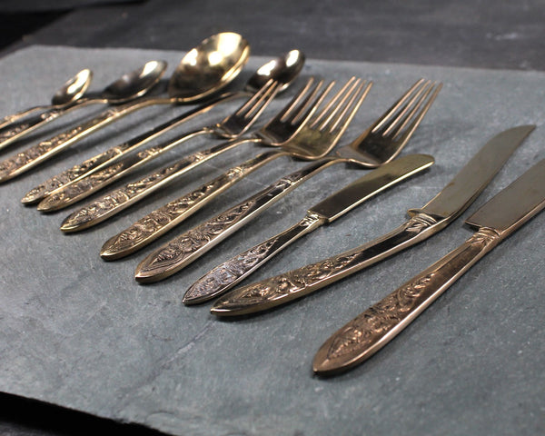 145 Piece Bronze Flatware from Thailand - Twelve 11 Piece Place Settings Plus 14 Serving Items - In Wooden Case with Velvet Lining