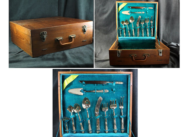 145 Piece Bronze Flatware from Thailand - Twelve 11 Piece Place Settings Plus 14 Serving Items - In Wooden Case with Velvet Lining