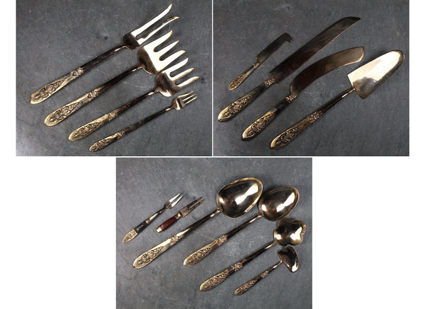145 Piece Bronze Flatware from Thailand - Twelve 11 Piece Place Settings Plus 14 Serving Items - In Wooden Case with Velvet Lining