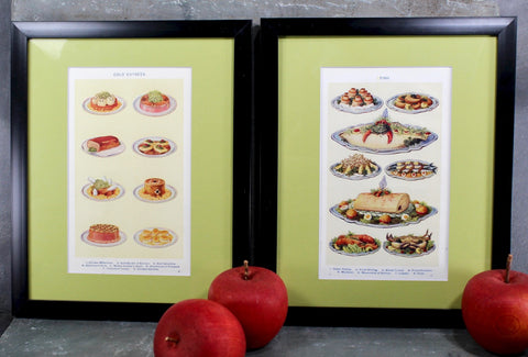 Set of 2 Original Cookbook Art Pages from Mrs Beeton's Every Day Cookery - Cold Entrees & Fish - 8x10" MATTED, UNFRAMED