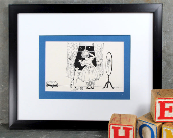 Children's Room Art - "Girl on Swing" - Artist Eul Alie - Black & White Book Illustration w/Custom Mat to fit 8" x 10" Frame - Sold UNFRAMED