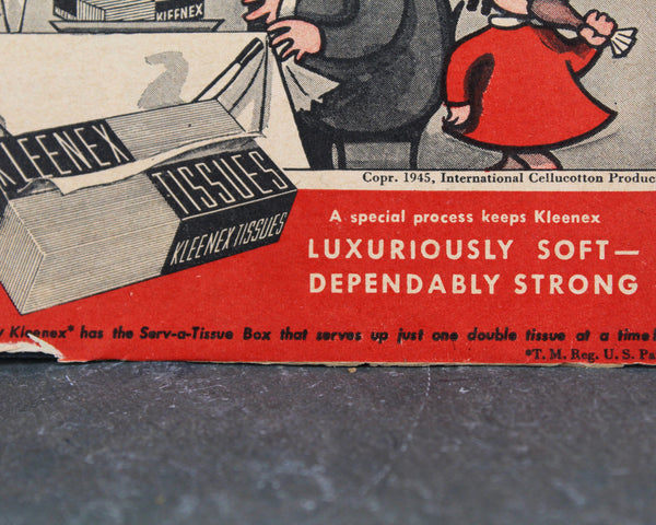 1945 Kleenex Advertisement featuring Little Lulu | UNFRAMED Vintage Advertising Page | Vintage Kleenex Tissue Ad