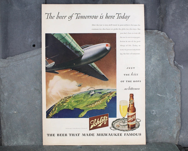 1945 Vintage Schlitz Advertisement | UNFRAMED Vintage Advertising Page | 1945 Vintage Beer Ad | WWII Schlitz Ad