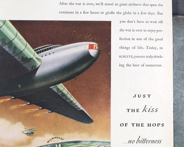 1945 Vintage Schlitz Advertisement | UNFRAMED Vintage Advertising Page | 1945 Vintage Beer Ad | WWII Schlitz Ad