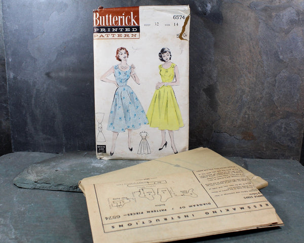 1950s Butterick #6574 Dress Pattern | Size 14/Bust 32" | COMPLETE Cut Pattern in Original Envelope