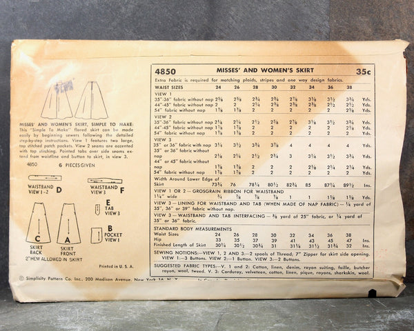 1954 Simplicity #4850 Women's Skirt Pattern | Waist 36", Hip 45" |  Cut, Complete Pattern | Vintage Simplicity Pattern
