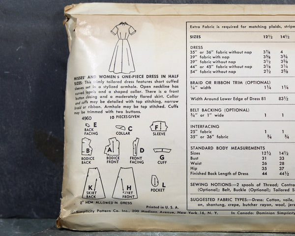 1954 Simplicity #4960 Dress Pattern | Size 24 1/2" | Classic Button Down 1950s Shirt Dress | COMPLETE Cut Pattern in Original Envelope