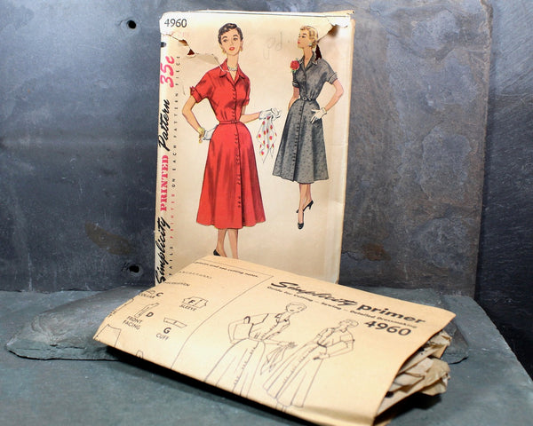 1954 Simplicity #4960 Dress Pattern | Size 24 1/2" | Classic Button Down 1950s Shirt Dress | COMPLETE Cut Pattern in Original Envelope