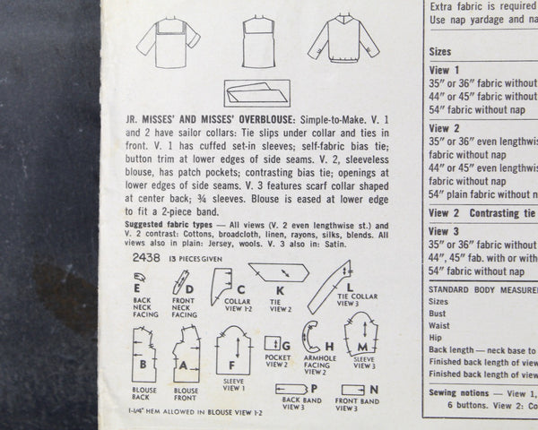 1958 Simplicity #2438 Blouse Pattern | Women's Size 14, Bust 34 | Cut, Complete, Factory Folded Pattern