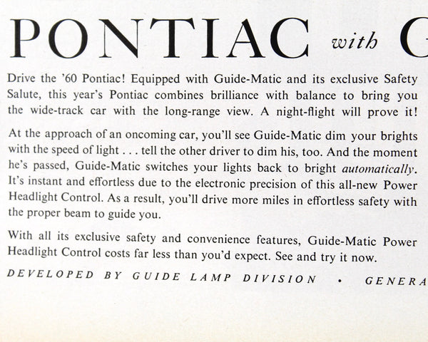 1960 Vintage Pontiac Advertisement | UNFRAMED Vintage Magazine Advertising Page | 1960 Vintage Car Ad | Pontiac with Guide-Magic Ad