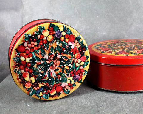 Set of 2 Nesting Vintage Vibrant Fruits Candy Tins circa 1970s - Cake Tins