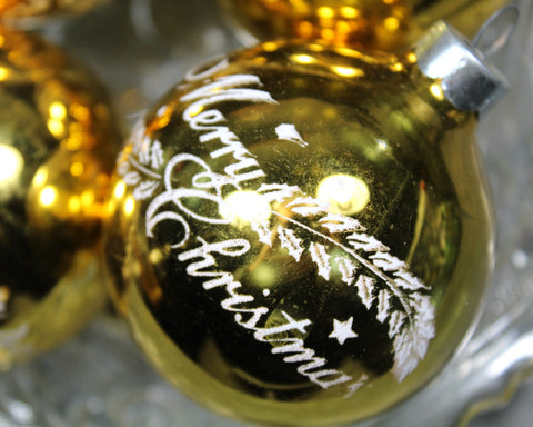 Set of 4 "Merry Christmas" Gold Glass Ornaments | Vintage Ornaments | Circa 1960s