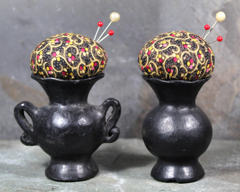 Vintage Miniature Upcycled Vase Pin Cushion | Black Clay Vases Turned Pin Cushion | Handmade