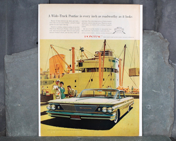 1960 Vintage Pontiac Bonneville Advertisement featuring Wide Track Wheels - UNFRAMED Vintage Advertising Page - 1960 Fashion Council Award