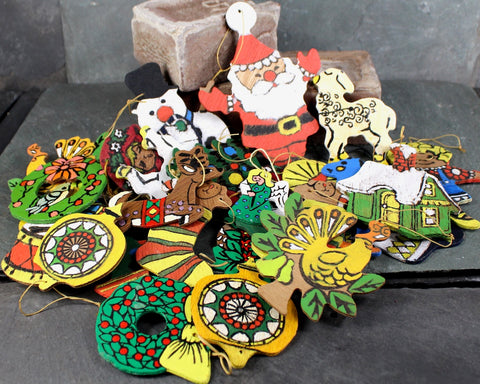 Vintage Woodcut Hand-Painted Ornaments | Lot of 31 | Circa 1960s | Handmade Ornaments