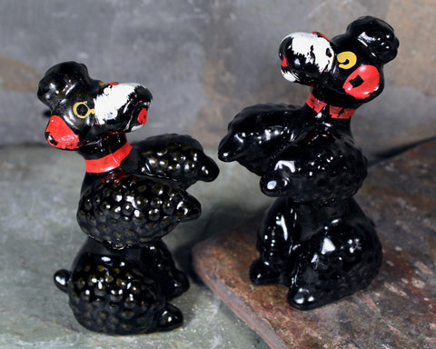 Set of 2 Black Poodle Figurines | Vintage Mid-Century Ceramic Poodles | Sitting Up Pose | Circa 1950s | Made in Japan | Puppy Love