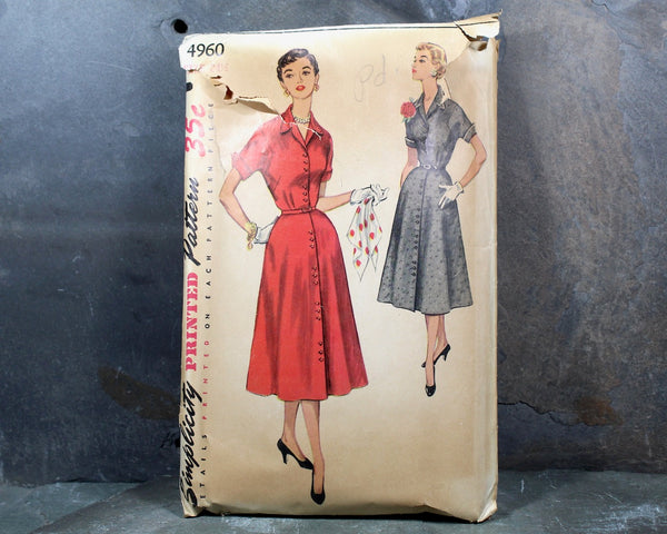 1954 Simplicity #4960 Dress Pattern | Size 24 1/2" | Classic Button Down 1950s Shirt Dress | COMPLETE Cut Pattern in Original Envelope