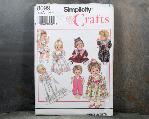 1992 Simplicity Crafts #8099 Baby Doll Clothes Pattern | Size A | Vintage Doll Clothes Sewing Pattern | Partially Cut & Factory Folded