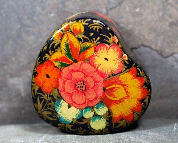 Heart-Shaped Ring Box - Small Lacquered Box - Hand Painted Floral with Gold Accents - Small Ring Box - Circa 1950s/60s | Valentine's Day