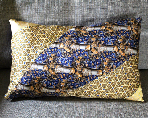 One of a Kind Necktie Pillow | Golden Floral #350 |  Gold & Blue 15"x10" Pillow Made from Up-Cycled Silk Ties - Includes Pillow Filling