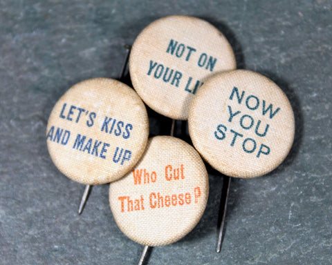 Antique Fabric Covered Pins with Sayings | Whimsical Buttons | Circa 1890s-1900s | Antique Buttons