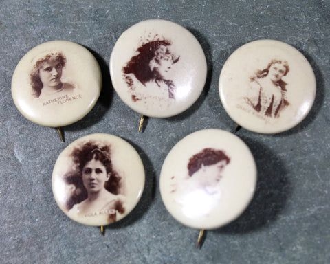 Antique Sweet Caporal Cigarette Advertising PinBack Pins | Set of 5 Pins | Actresses From Early 1900s