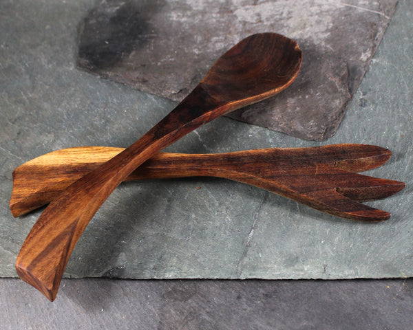 Mid-Century Solid Wood Serving Fork and Spoon | Possibly Walnut | Vintage Table