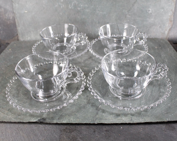 Set of 4 Imperial Glass Candlewick Cups and Saucers | Set of 4 Boopie Glass Cups and Saucers | Bubble Glass | Fancy Brunch
