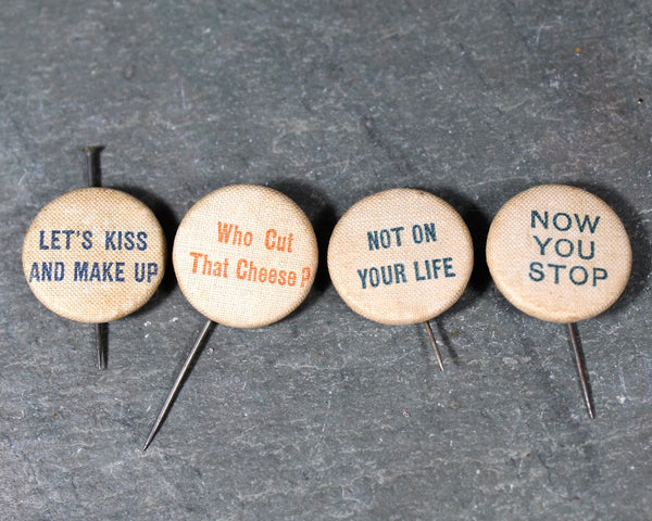 Antique Fabric Covered Pins with Sayings | Whimsical Buttons | Circa 1890s-1900s | Antique Buttons