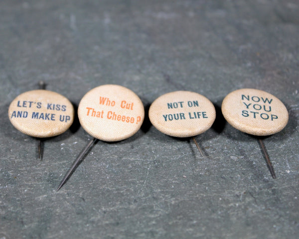 Antique Fabric Covered Pins with Sayings | Whimsical Buttons | Circa 1890s-1900s | Antique Buttons