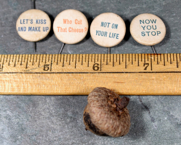 Antique Fabric Covered Pins with Sayings | Whimsical Buttons | Circa 1890s-1900s | Antique Buttons