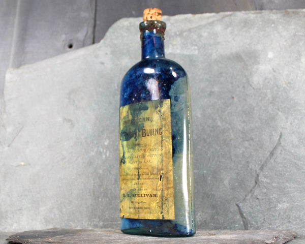 Antique Laundry Bluing Bottle | DL Sullivan Laundry Bottle | Blue Stained Bottle with Original Label | Rustic Decor