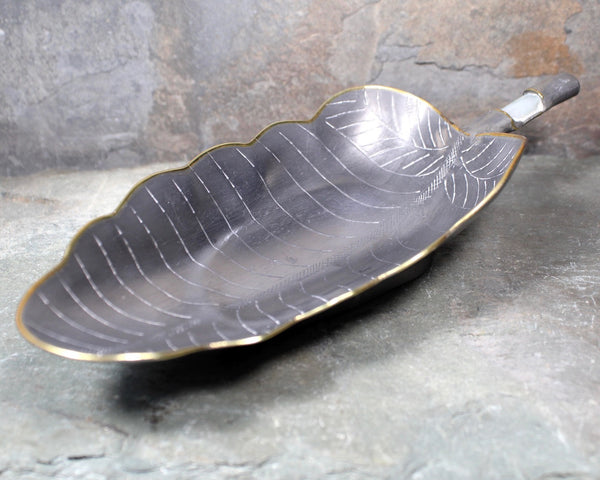Antique Pewter Leaf Dish with Clear Jade Inlay - Soft Pewter Bowl - Ring Trinket Dish - Antique Chinese Lead Small Bowl