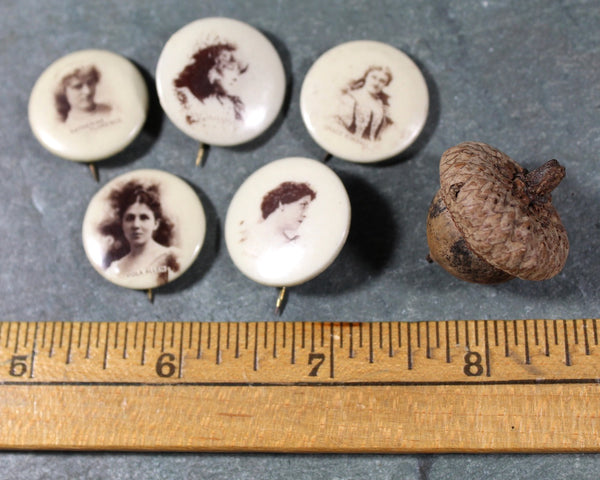 Antique Sweet Caporal Cigarette Advertising PinBack Pins | Set of 5 Pins | Actresses From Early 1900s