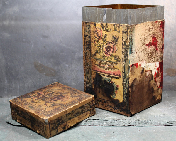 Antique Tea Tin with Paper Label - Antique Storage Tin - Rustic Decor