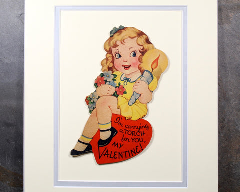 1930s Wall Art - Vintage Valentine "Holding a Torch for You" Includes Ivory & Pale Blue Mat - Fits 8x10" Frame Sold UNFRAMED