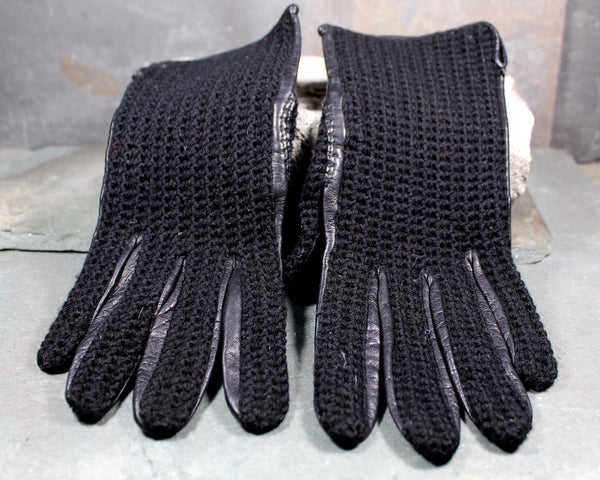 Vintage Black Leather and Wool Gloves - Driving Gloves - Black Leather With Black Knit Back - Sleek Gloves