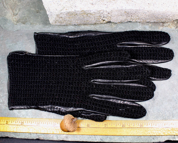 Vintage Black Leather and Wool Gloves - Driving Gloves - Black Leather With Black Knit Back - Sleek Gloves