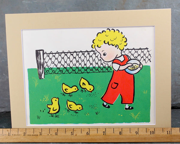 Boy Feeding Chicks Child's Book Art - Authentic Book Illustrations w/Custom Mat Fits 8" x 10" Frame - Sold UNFRAMED