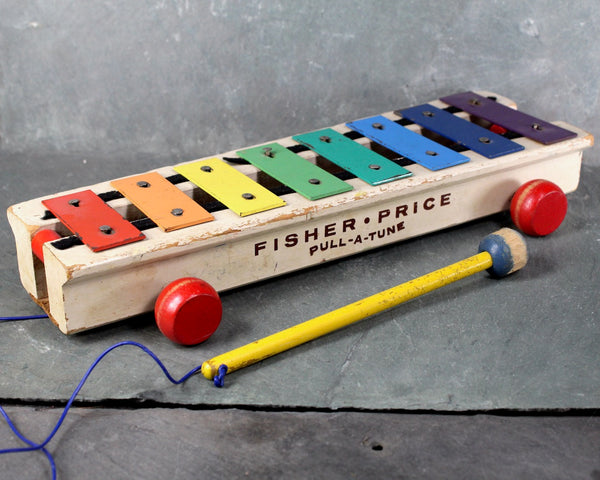 FOR TOY COLLECTORS! Vintage Wooden Fisher Price Pull-a-Tune Xylophone - Preschool Pull Toy - Original Wooden Wheels