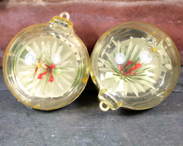 Jewel Brite White Poinsettia Diorama Ornaments in Gold | Set of 4 Vintage Christmas Ornaments | 1950s Mid-Century Christmas